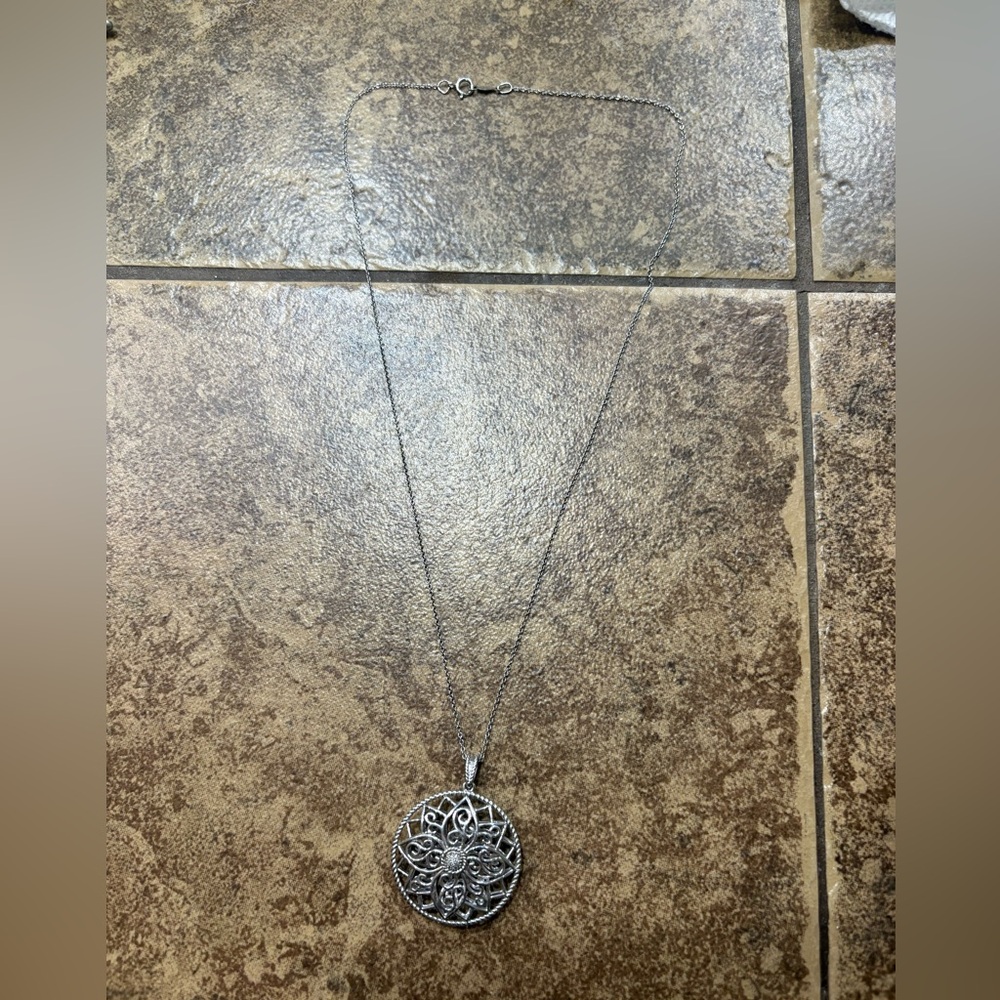 Sterling Silver Floral Filigree Pendant Necklace 925 M.S Co Vintage Style
